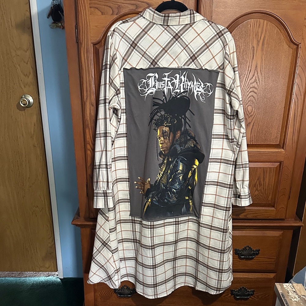 Busta Rhymes upcycled tee Plaid Long Sleeve Shirt Dress